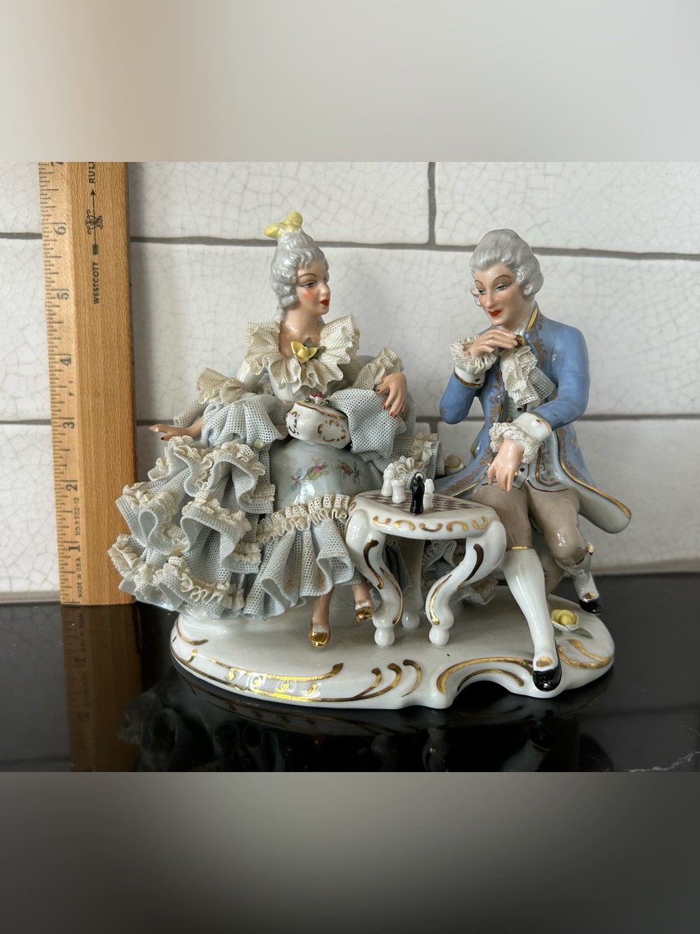 Hand Painted Porcelain Figurine Featuring Dresden Lace - Sandizell -Germany